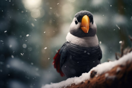 a bird standing on a branch in the snowの素材