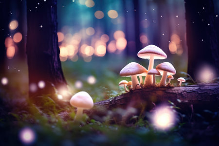 a group of mushrooms growing on a log in the woodsの素材