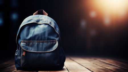 a blue backpack on a wood floorの素材
