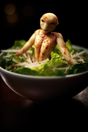 a bowl of salad with a small figure on top of itの素材
