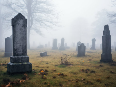a cemetery with fog in the backgroundの素材