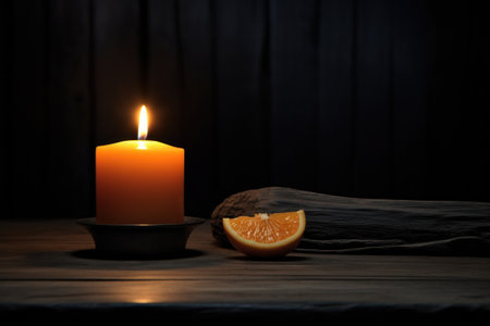 a candle and a slice of orangeの素材
