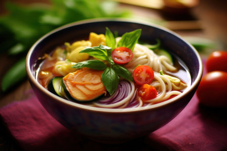 a bowl of soup with vegetables and noodlesの素材