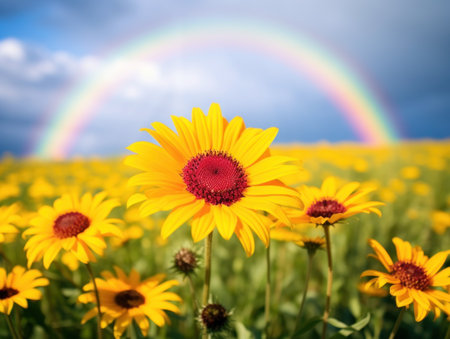 a rainbow in the sky over a field of yellow flowersの素材