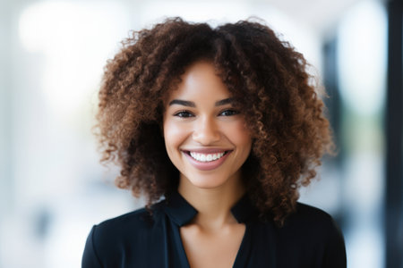 a woman with curly hair smilingの素材