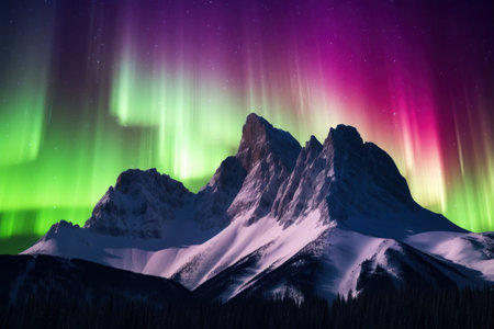 a mountain with snow and aurora borealisの素材