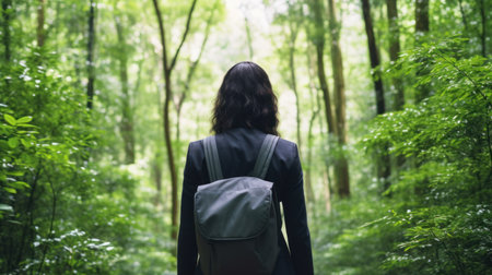 a woman walking through a forestの素材