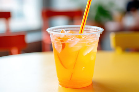 a cup of orange juice with ice and a strawの素材