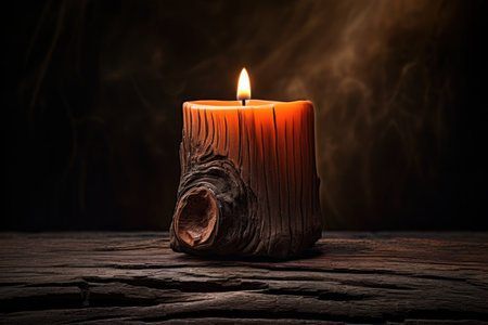 a candle on a wood surfaceの素材