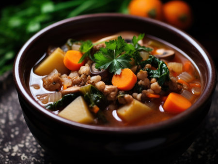 a bowl of soup with vegetables and meatの素材