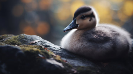 a duckling sitting on a rockの素材