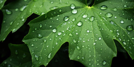 a close up of a leaf with water dropletsの素材