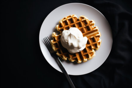 a waffle with whipped cream on top on a white plateの素材