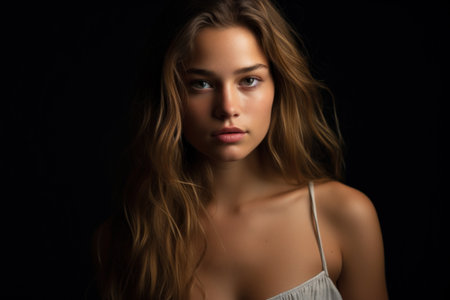 a woman with long hair looking at the cameraの素材