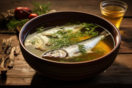 a bowl of fish soup with greens and a glass of beerの素材