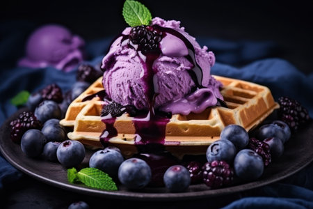 a waffle with ice cream and berries on a plateの素材