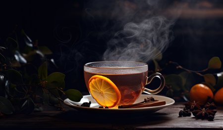 a cup of tea with a lemon slice on a plateの素材