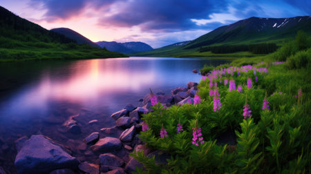 a lake with purple flowers and mountains in the backgroundの素材