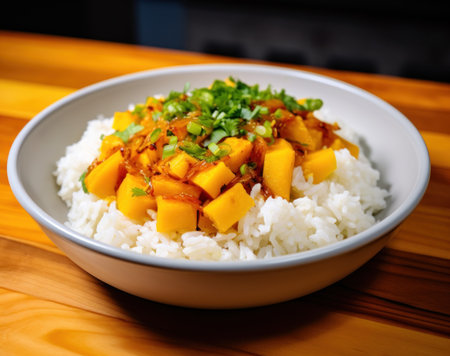 a bowl of rice with mango and green onionsの素材
