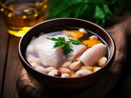 a bowl of soup with fish and beansの素材