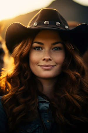 a woman wearing a cowboy hatの素材