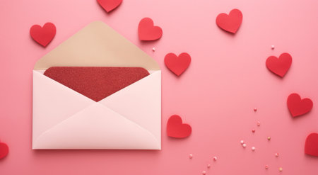 a pink envelope with red glitter in it and red heartsの素材