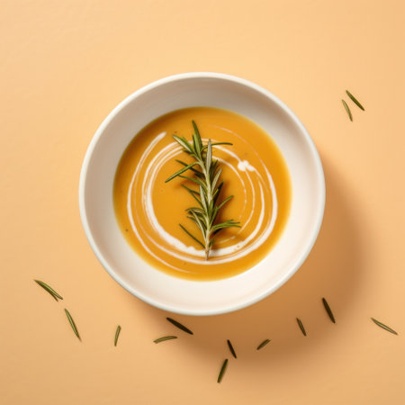 a bowl of soup with a sprig of rosemaryの素材