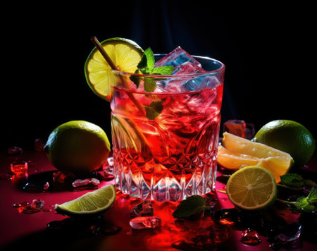 a glass of red liquid with ice and limesの素材