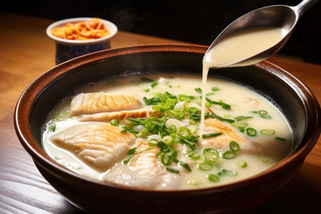 a bowl of soup with a spoon pouring soup into itの素材