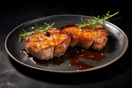 a plate of food with sauce and rosemaryの素材