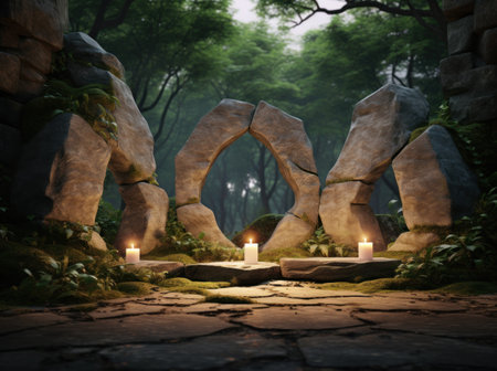 a group of rocks with candles in the middleの素材