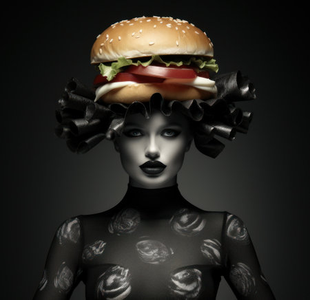 a woman with a burger on her headの素材