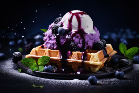 a waffle with ice cream and berries on a plateの素材