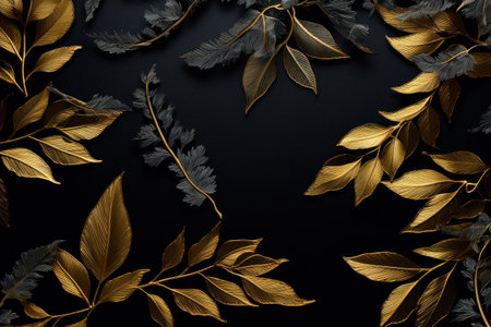 gold and silver leaves on a black surfaceの素材