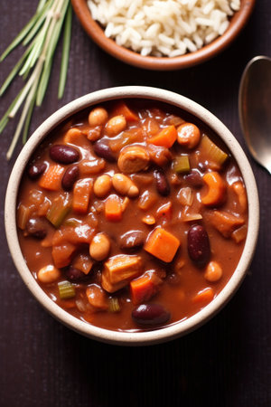 a bowl of soup with beans carrots and onionsの素材