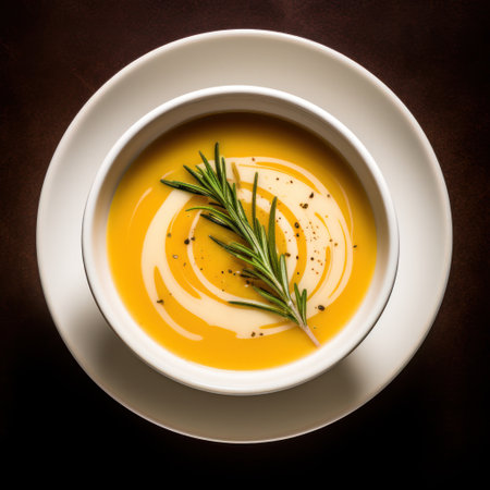 a bowl of soup with a sprig of rosemaryの素材