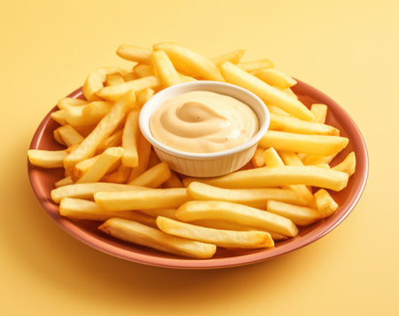 a plate of french fries with a small white bowl of sauceの素材