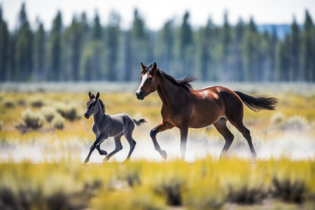 a horse and a foal running in a fieldの素材