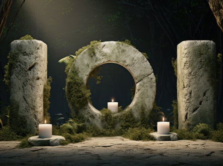 a stone circle with candles and plantsの素材