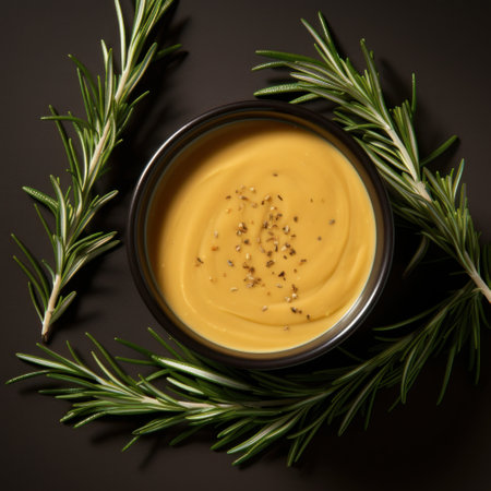 a bowl of soup surrounded by rosemaryの素材