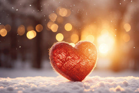 Red heart on snow with bokeh background. Valentines day conceptの素材
