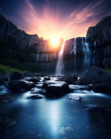 a waterfall and rocks in a rocky areaの素材