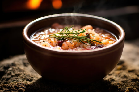 a bowl of soup with a sprig of rosemaryの素材