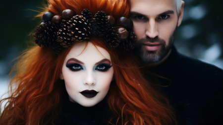 a man and woman with red hair and pine conesの素材