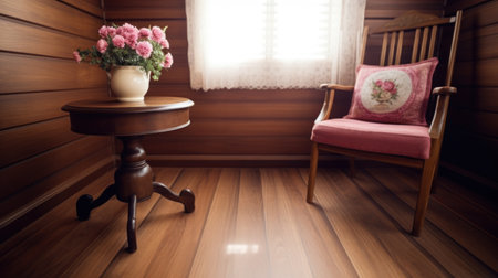 a vase of flowers on a table next to a chairの素材