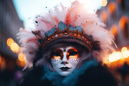 a person wearing a mask and feathered crownの素材