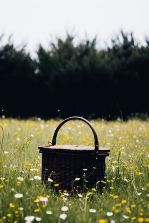 a basket in a field of flowersの素材