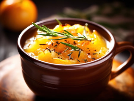 a bowl of soup with a sprig of rosemaryの素材