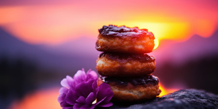 a stack of donuts with a purple flower in front of the sunsetの素材