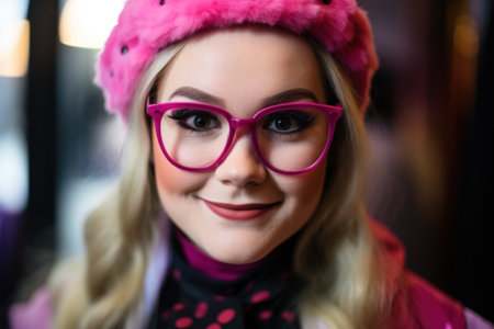 a woman wearing pink glasses and a pink hatの素材